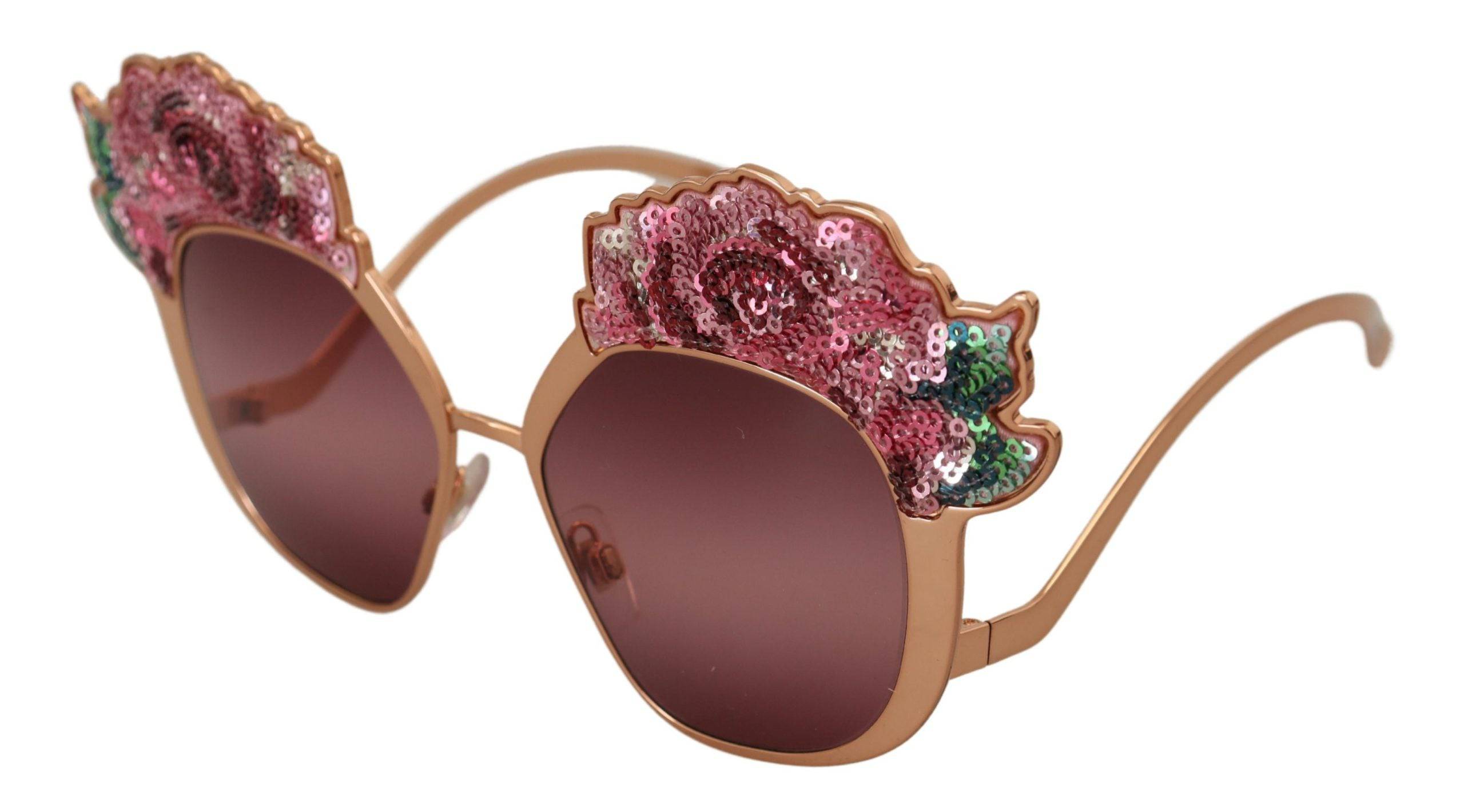 Lunettes de soleil Dolce & Gabbana DG2202 avec broderie en sequins roses dorés et monture élégante.