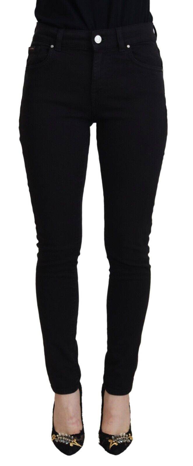 Jeans décontractés en coton noir à taille haute de Dolce & Gabbana, coupe classique avec poches et détails modernes.