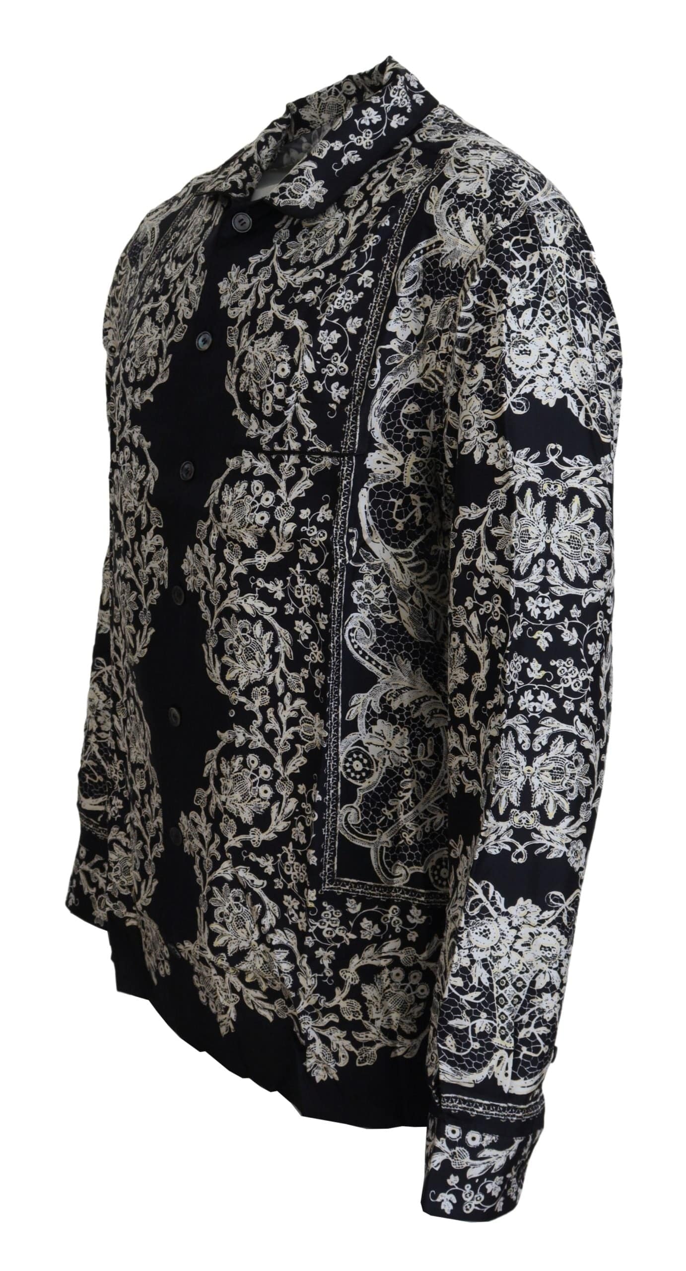 Chemise décontractée Dolce & Gabbana en soie bleue avec motif floral baroque satin, style élégant et sophistiqué.