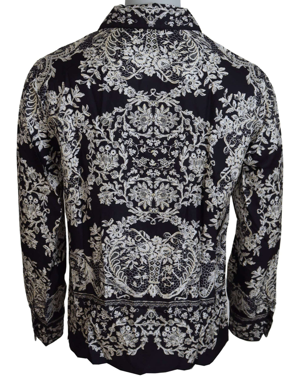 Chemise décontractée en satin de soie bleue avec motifs floraux et baroque de Dolce & Gabbana, vue de face.