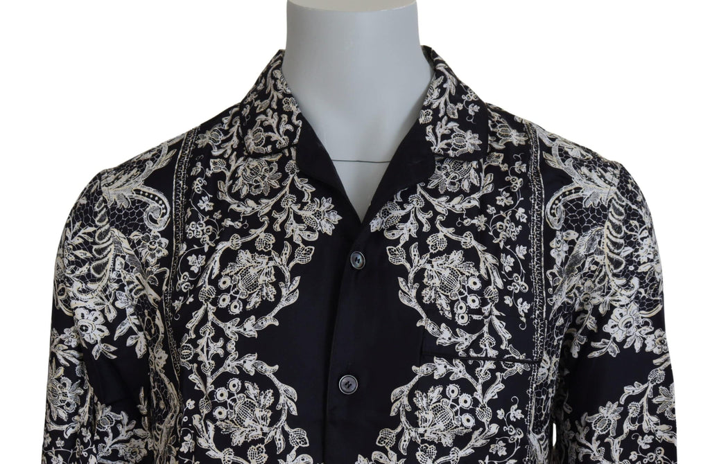 Chemise décontractée en soie bleue Dolce & Gabbana avec motifs floraux baroques en satin élégant.
