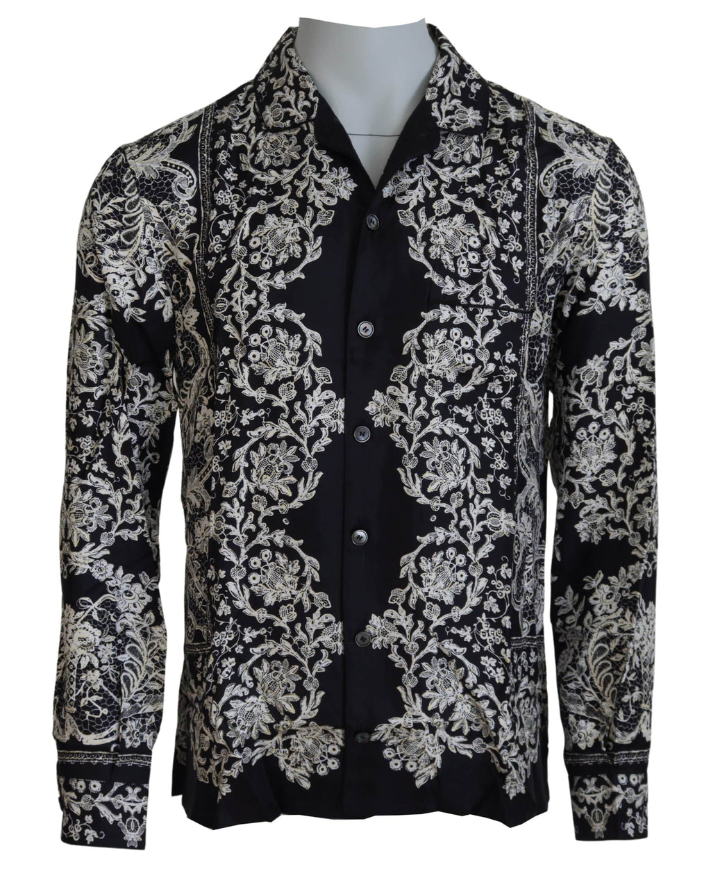 Chemise décontractée Dolce & Gabbana en soie bleue avec motif floral baroque satin, élégante et sophistiquée.