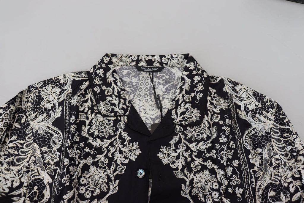 Chemise en satin de coton bleu Dolce & Gabbana avec motif floral baroque, style décontracté et élégant