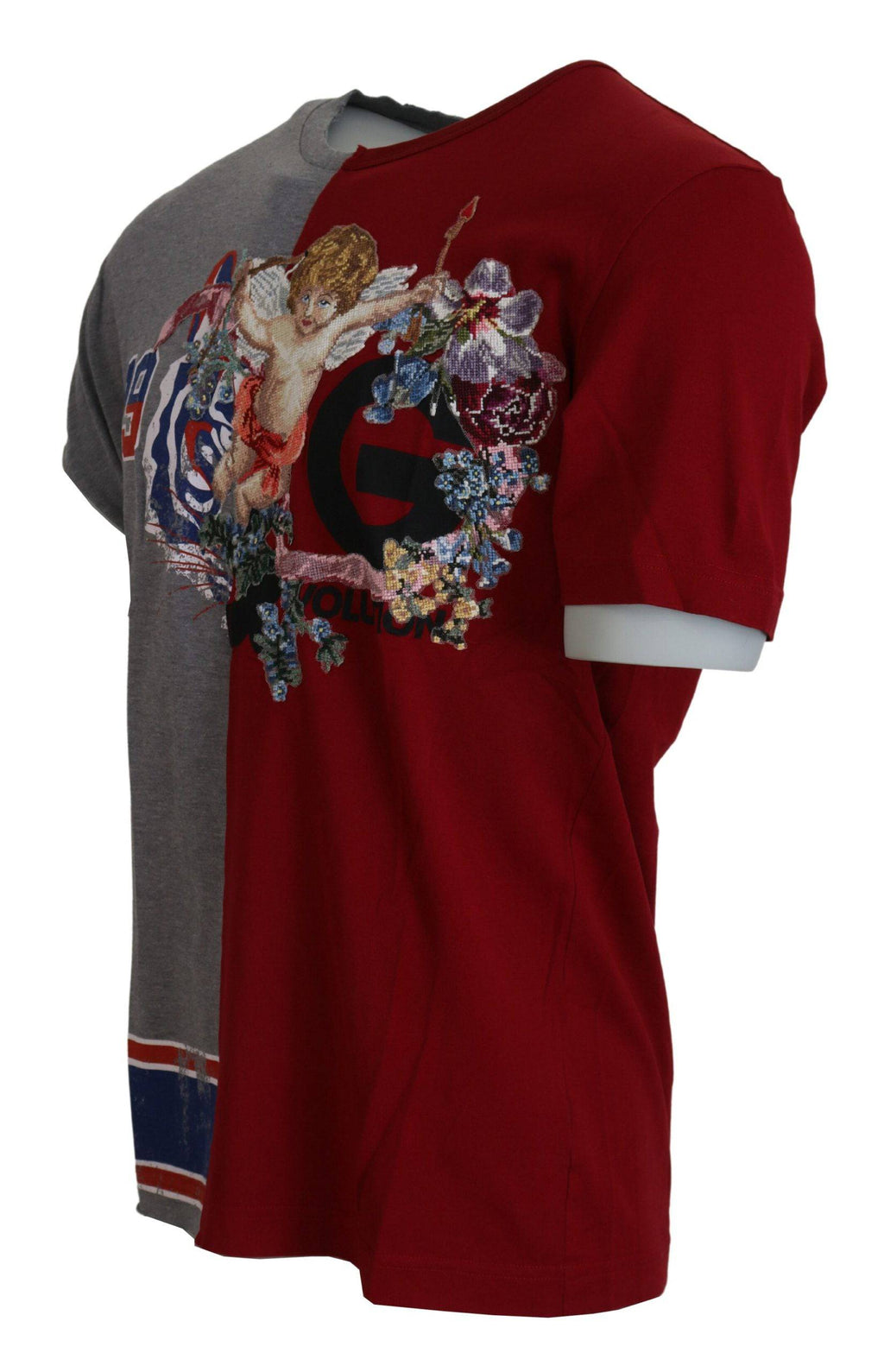 T-shirt Dolce & Gabbana DG Angel gris et rouge à col rond, style casual avec logo sur le devant.