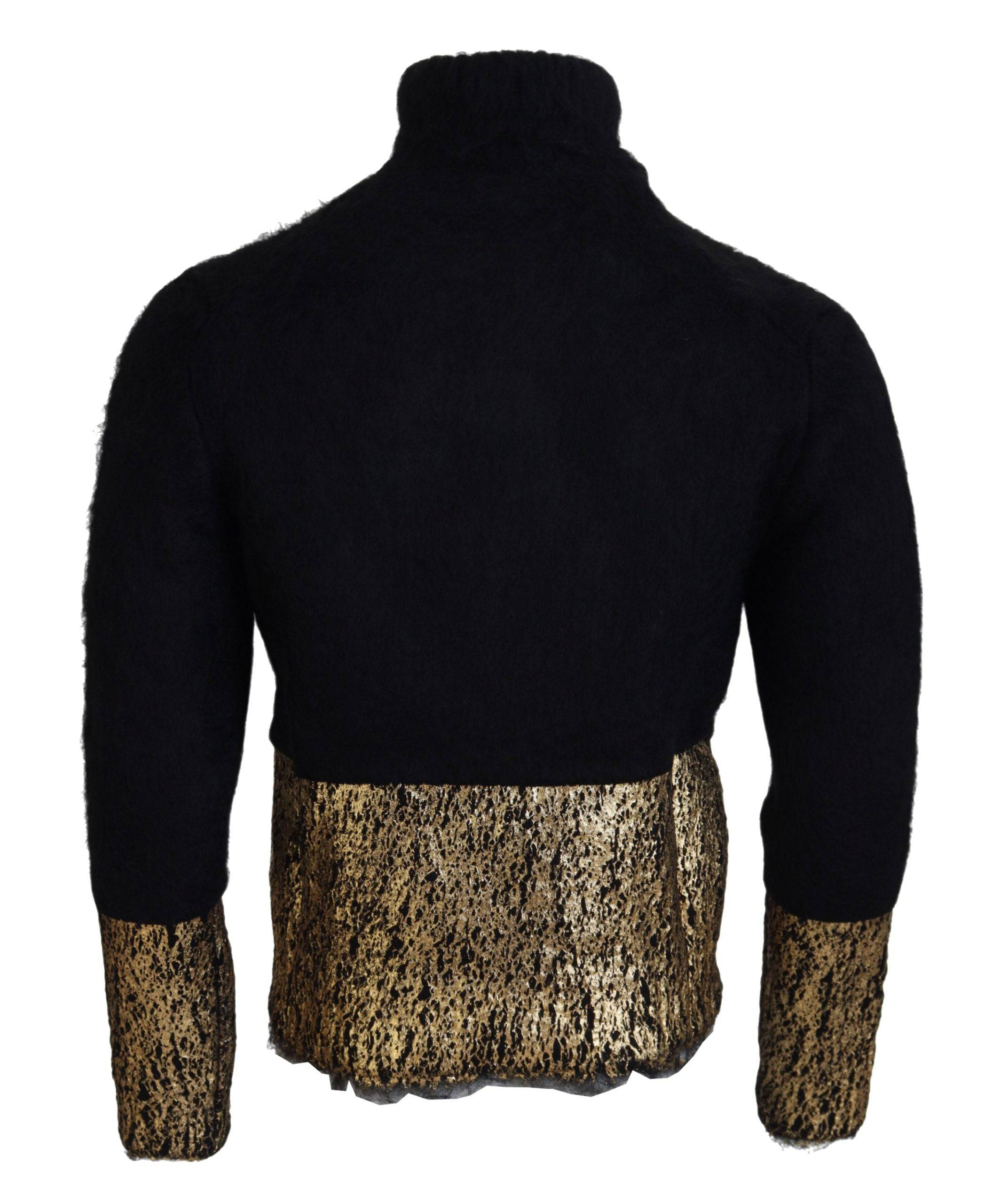 Pull homme Dolce & Gabbana noir orné de détails dorés, turtleneck en mohair, style élégant et chaud.