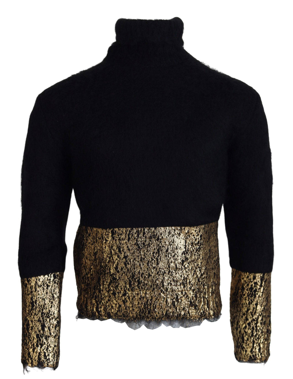 Pull à col roulé noir et or pour hommes Dolce & Gabbana en mohair, élégant et chaud, visible en gros plan.