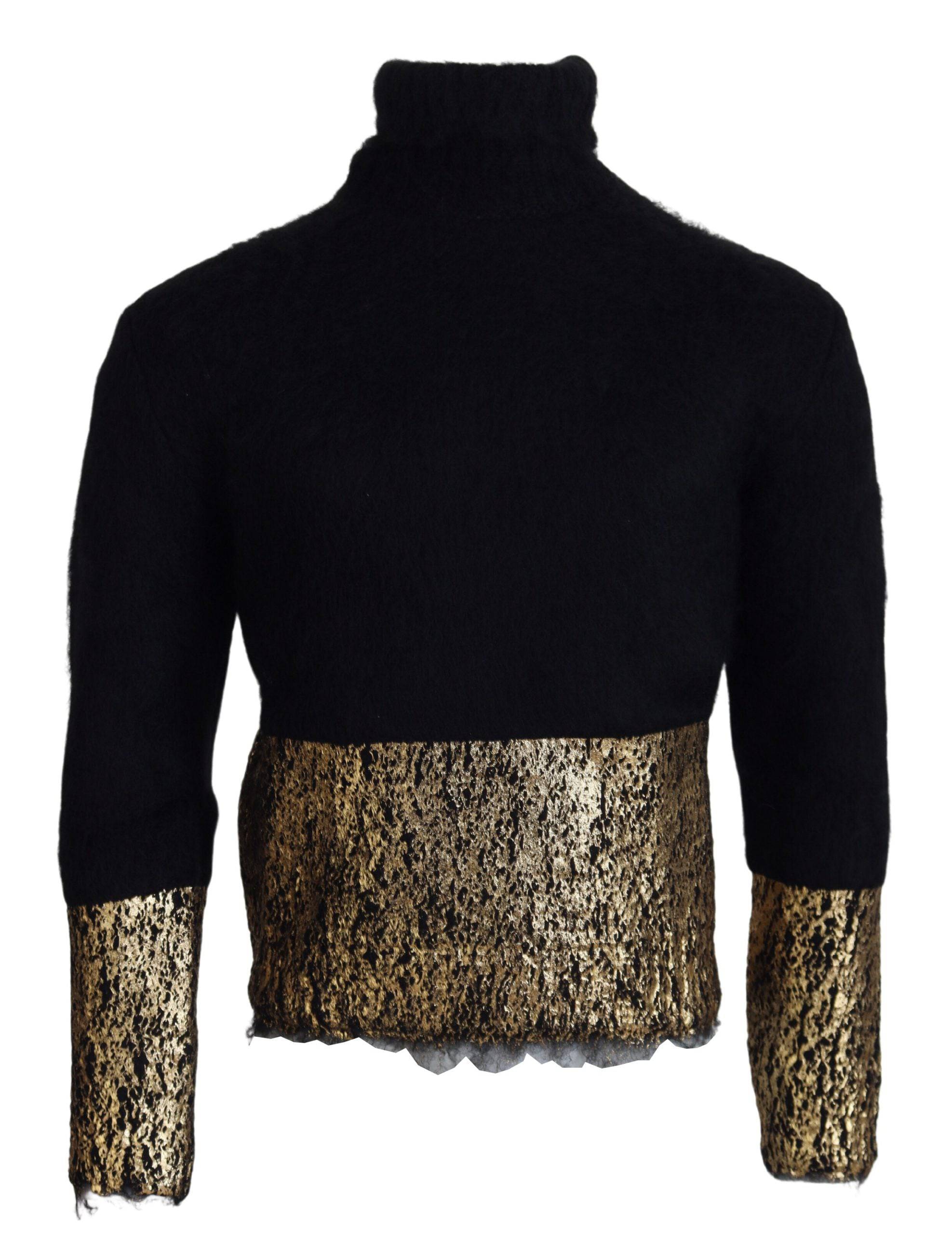Pull à col roulé noir et or pour hommes Dolce & Gabbana en mohair, élégant et chaud, visible en gros plan.