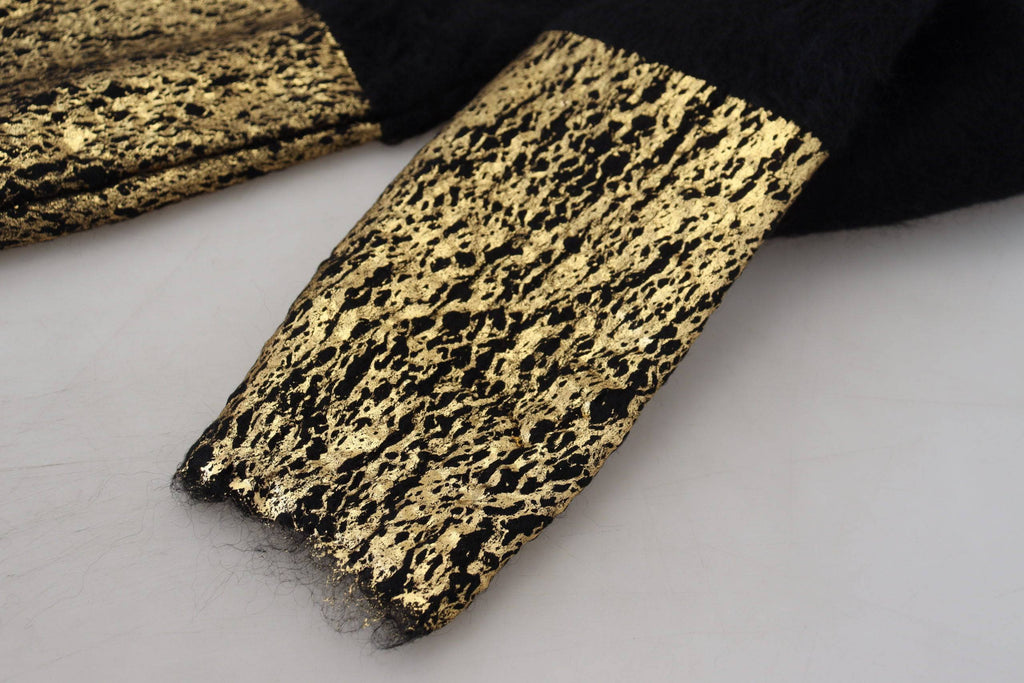 Pull à col roulé en mohair noir et or de Dolce & Gabbana, pull pour homme élégant et chaud, détail du tissu et du col.