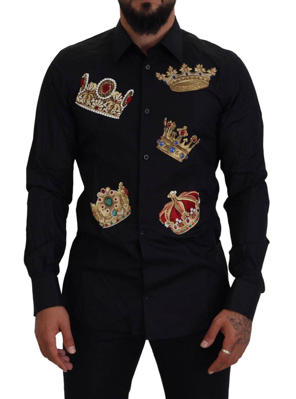 Chemise formelle Dolce & Gabbana noire à or, coupe slim, avec col en couronne dorée, tissu élégant et style sophistiqué.