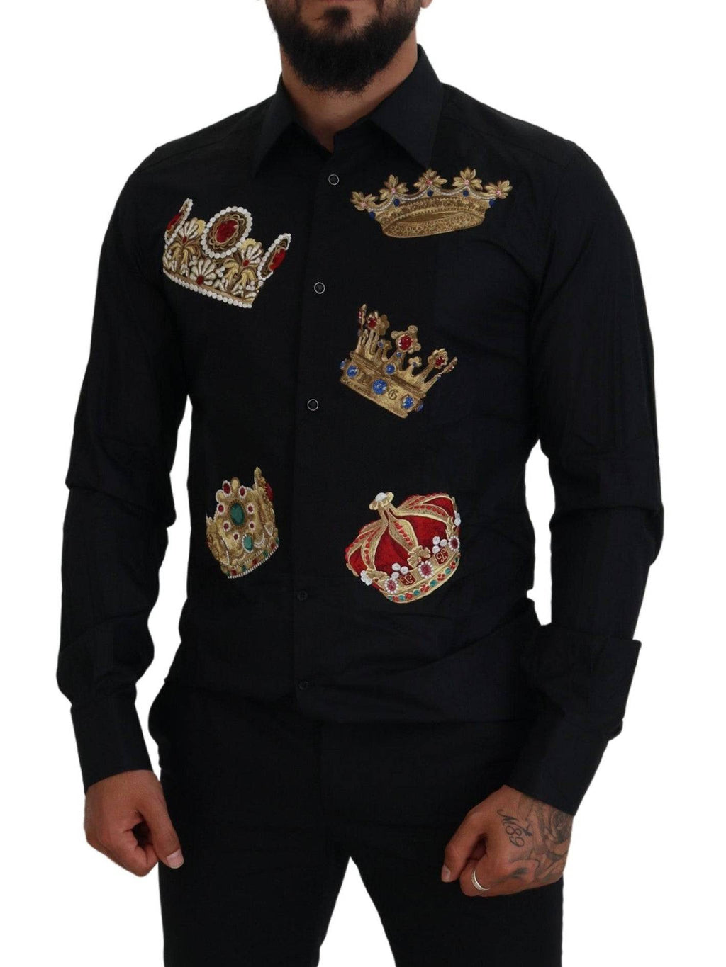 Chemise formelle noire et or Dolce & Gabbana, coupe slim, avec col classique et détails élégants, vue de face.