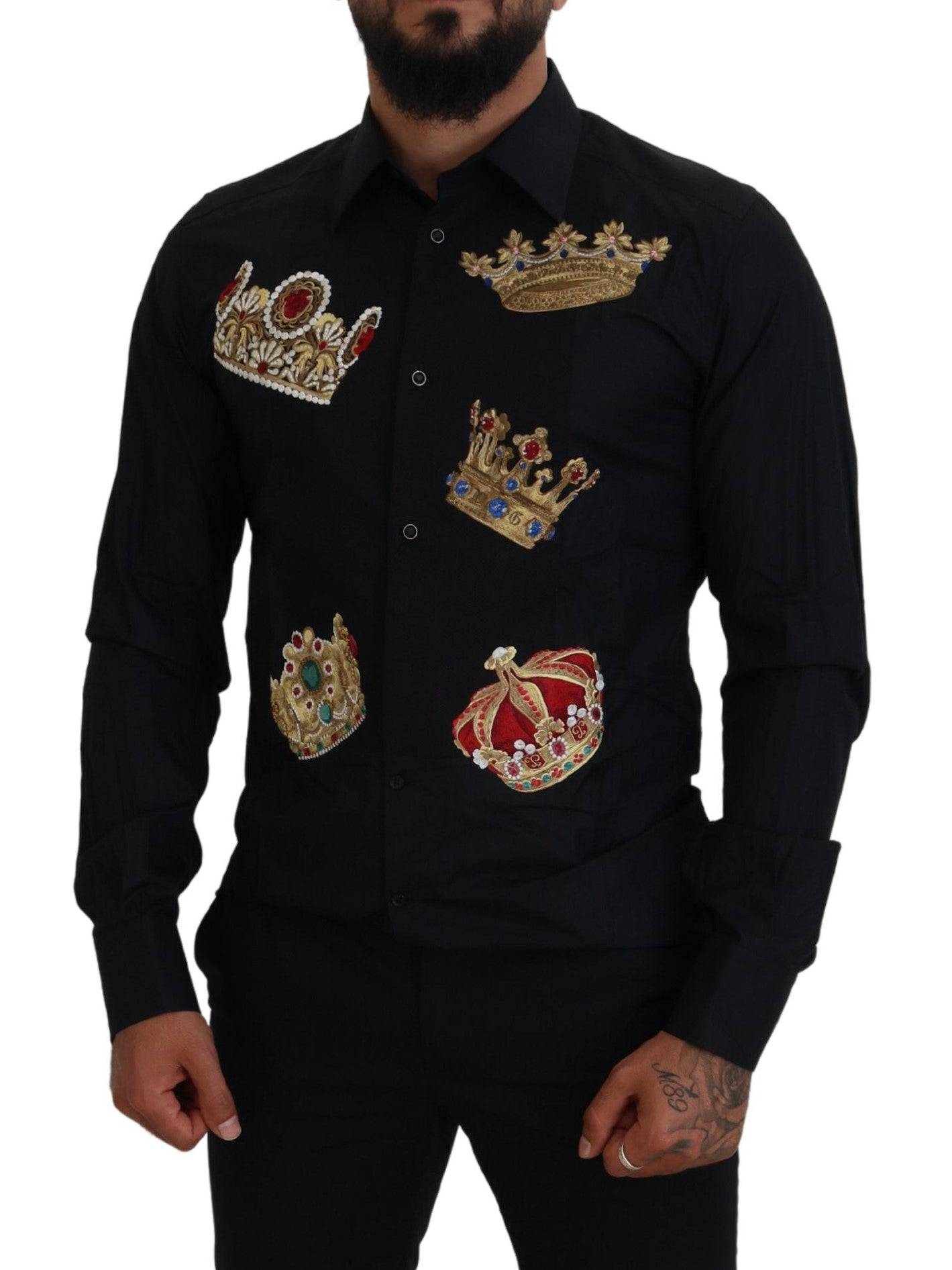 Chemise formelle noire et or Dolce & Gabbana, coupe slim, avec col classique et détails élégants, vue de face.