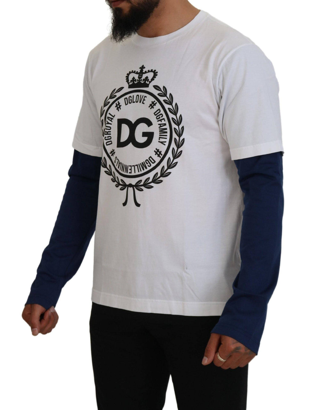 Pull en cachemire blanc et bleu Dolce & Gabbana DG Crown, pull-over élégant avec motif de couronne, pour un style sophistiqué.