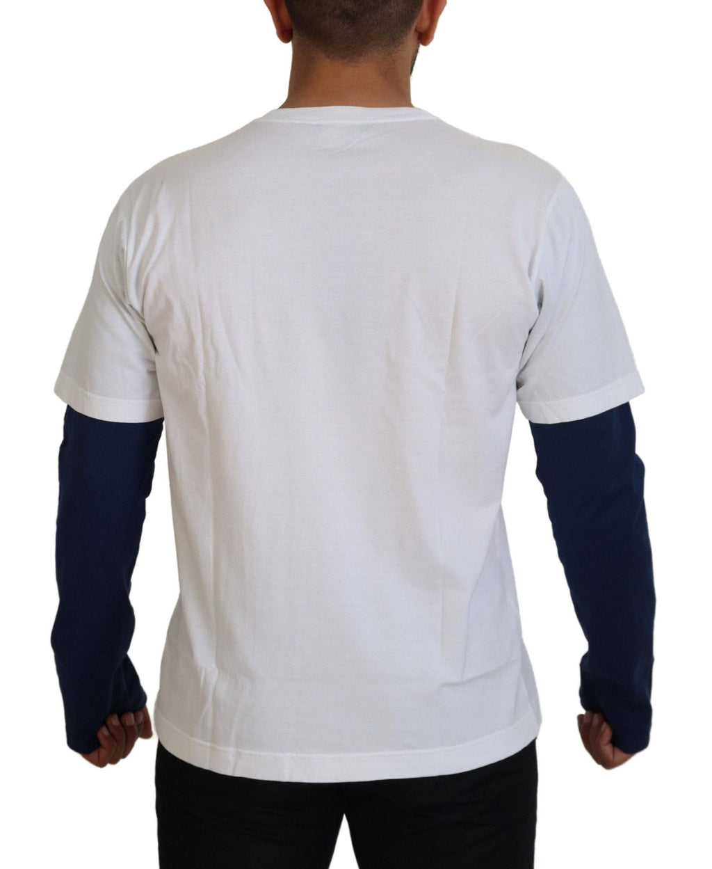 Pull Dolce & Gabbana blanc et bleu DG Crown, pull-over en laine avec motif couronne, mode élégante et chic.