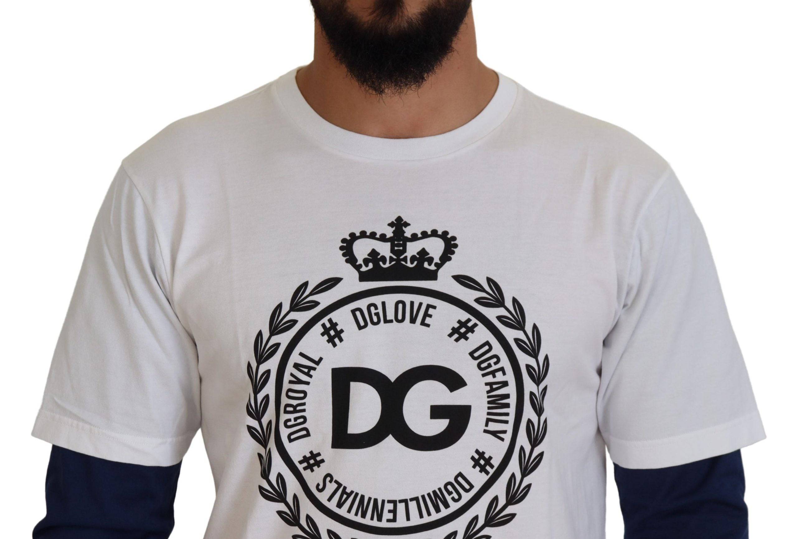 Pull Dolce & Gabbana blanc et bleu avec motif couronne DG, sweat-shirt en maille confortable et élégant.