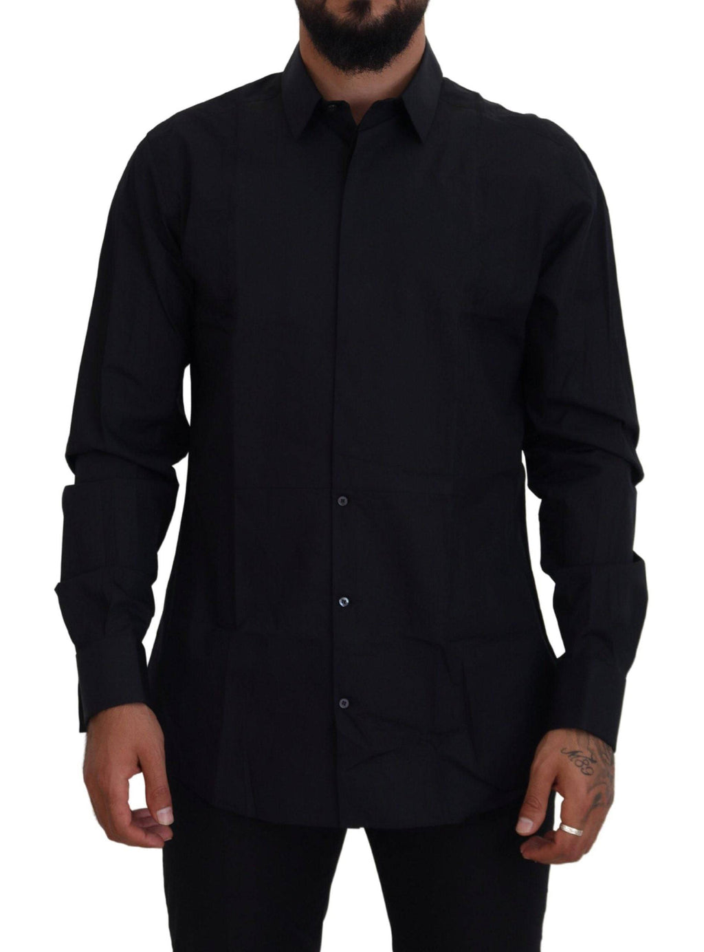 Chemise homme Dolce & Gabbana noire en coton à coupe slim avec détails dorés, élégance moderne et style sophistiqué.