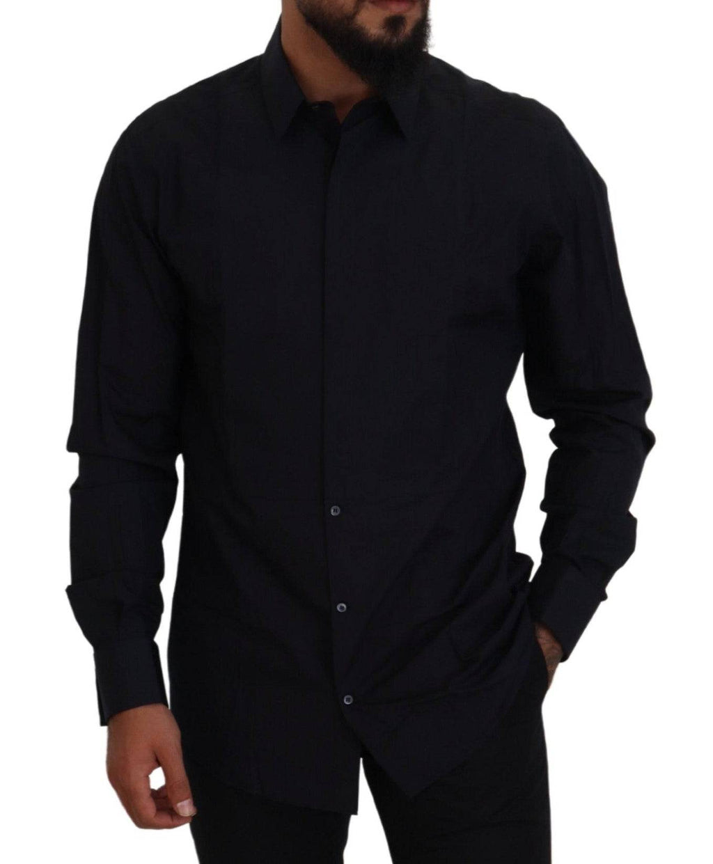 Chemise homme Dolce & Gabbana en coton noir et or, coupe slim fit, élégante avec détails dorés.
