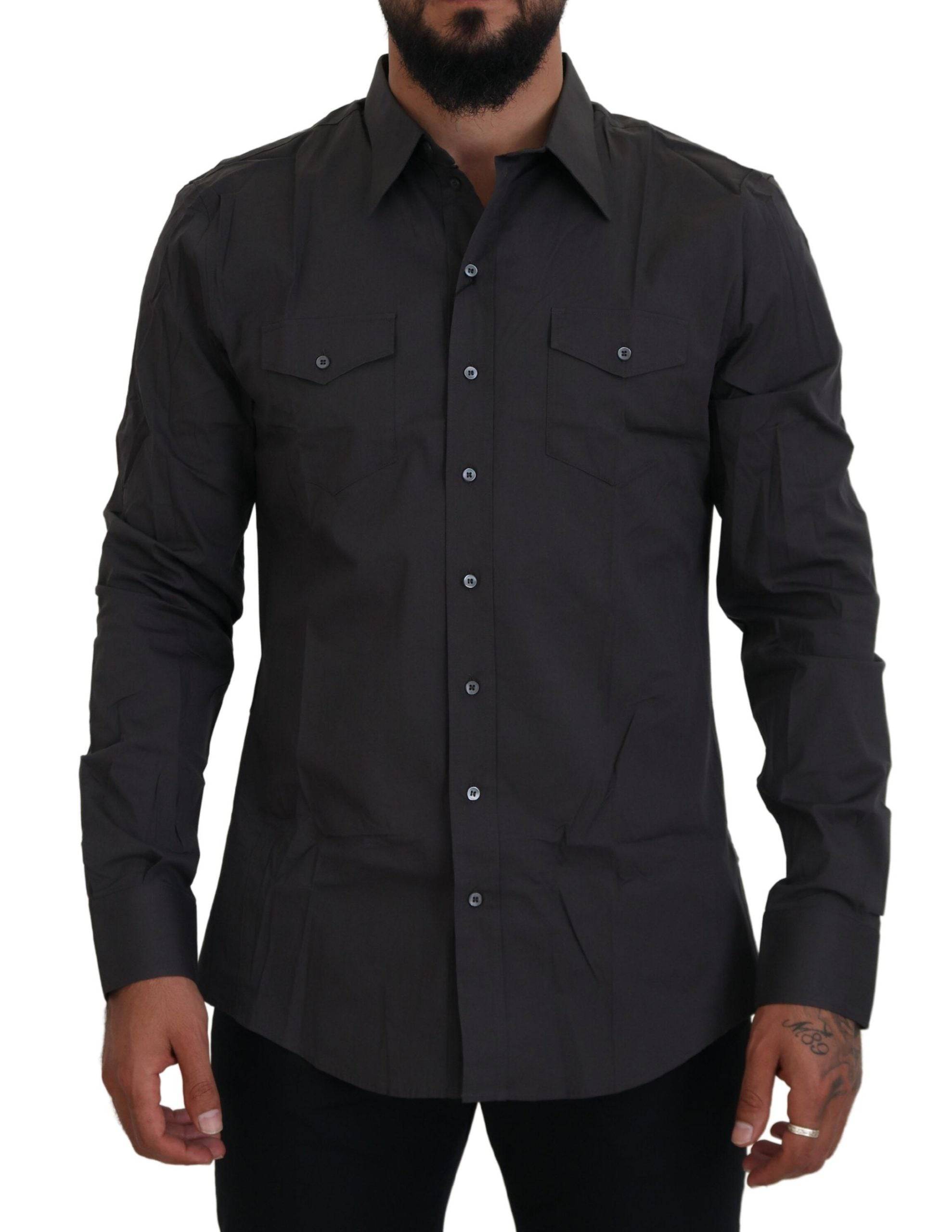 Chemise Dolce & Gabbana Gris SICILIA, coupe slim, en tissu stretch, visible avec col et boutons classiques.