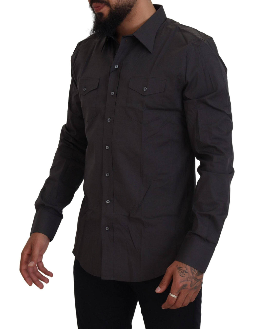 Chemise slim fit en stretch gris Dolce & Gabbana Sicilia, vue de face montrant le col et les boutons.