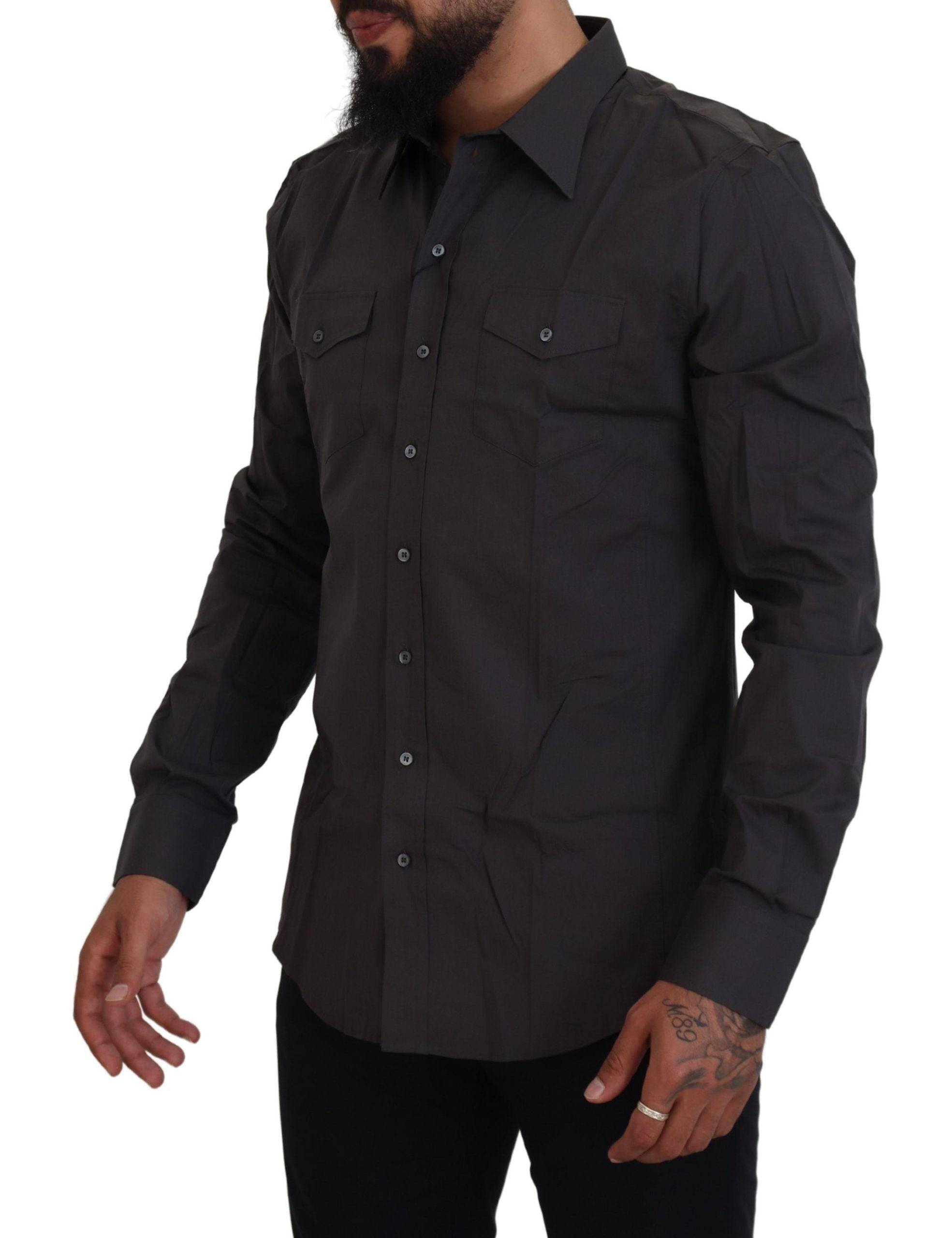 Chemise slim fit en stretch gris Dolce & Gabbana Sicilia, vue de face montrant le col et les boutons.