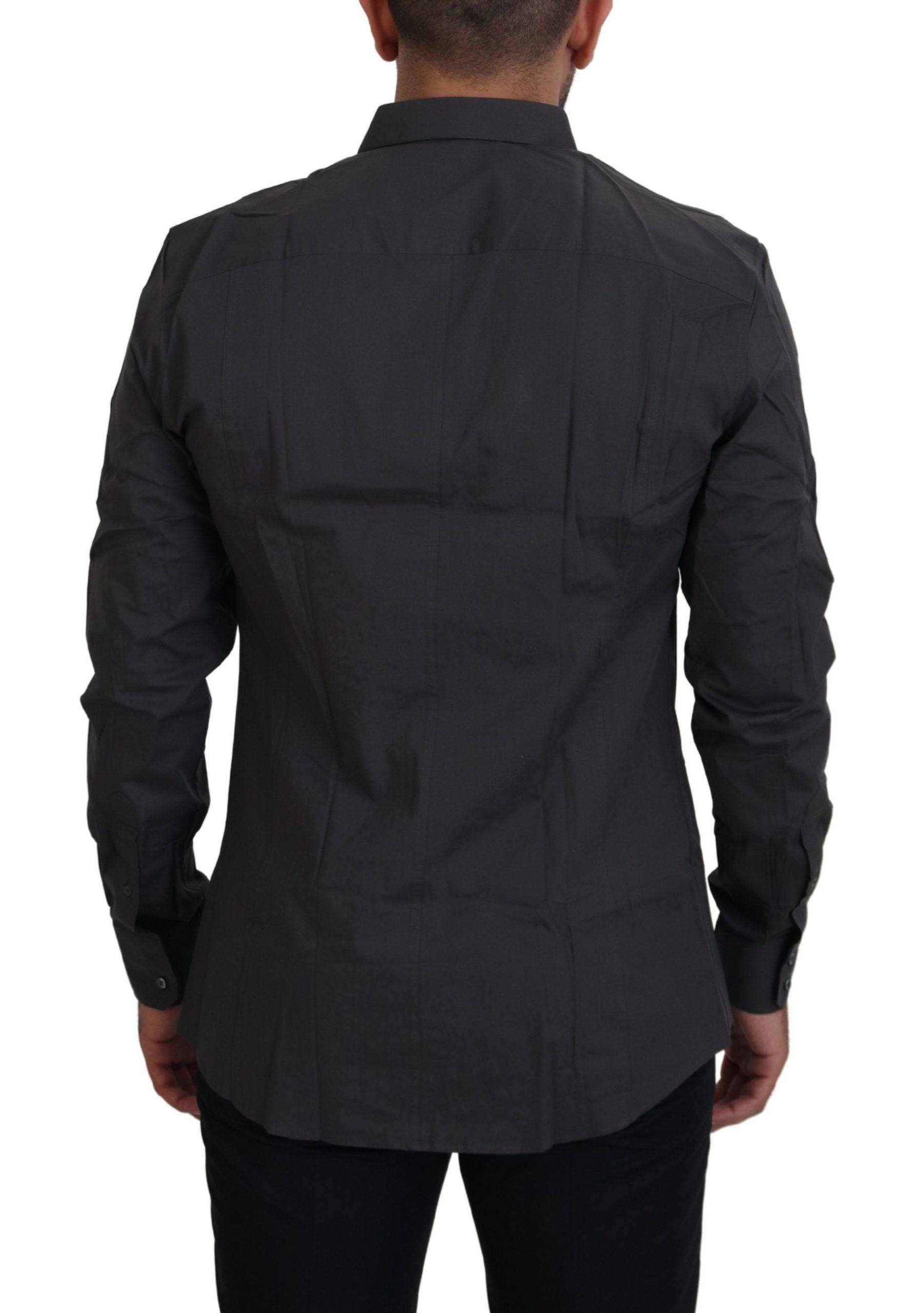 Chemise slim fit en stretch gris Dolce & Gabbana Sicilia, vue de face avec col et boutons visibles.