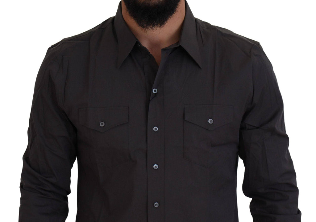 Chemise Dolce & Gabbana Sicilia gris, coupe slim, en coton stretch, vue de face avec col et boutons visibles.