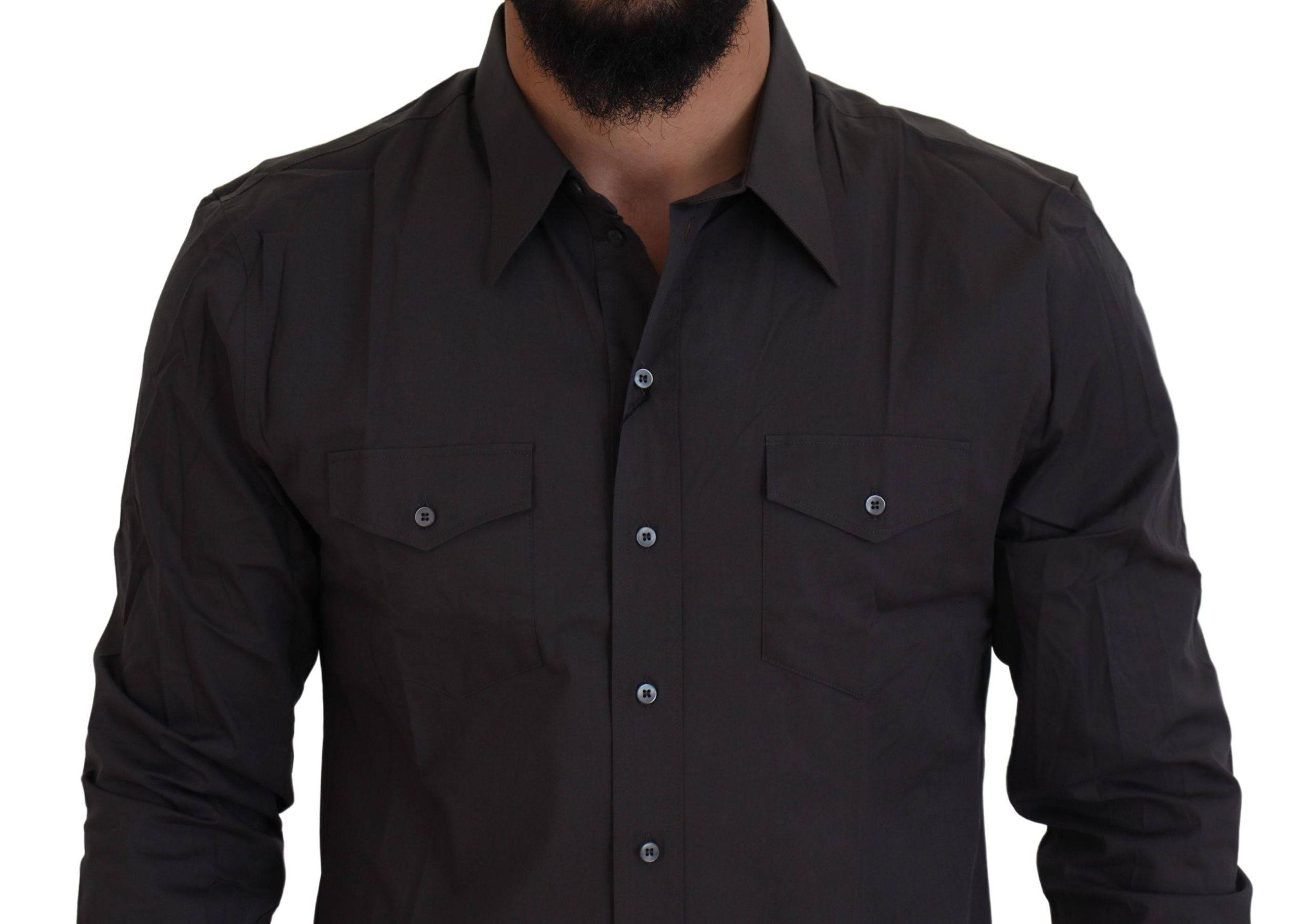 Chemise Dolce & Gabbana Sicilia gris, coupe slim, en coton stretch, vue de face avec col et boutons visibles.