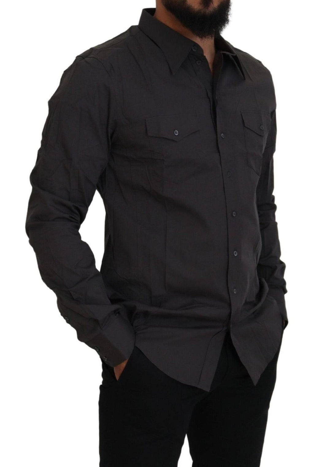 Chemise slim fit en stretch gris Dolce & Gabbana Sicilia, vue de face avec col et boutons visibles.
