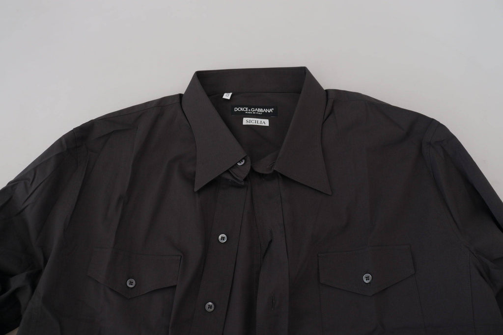 Chemise slim fit en stretch gris Dolce & Gabbana Sicilia, vue détaillée du tissu et du col.