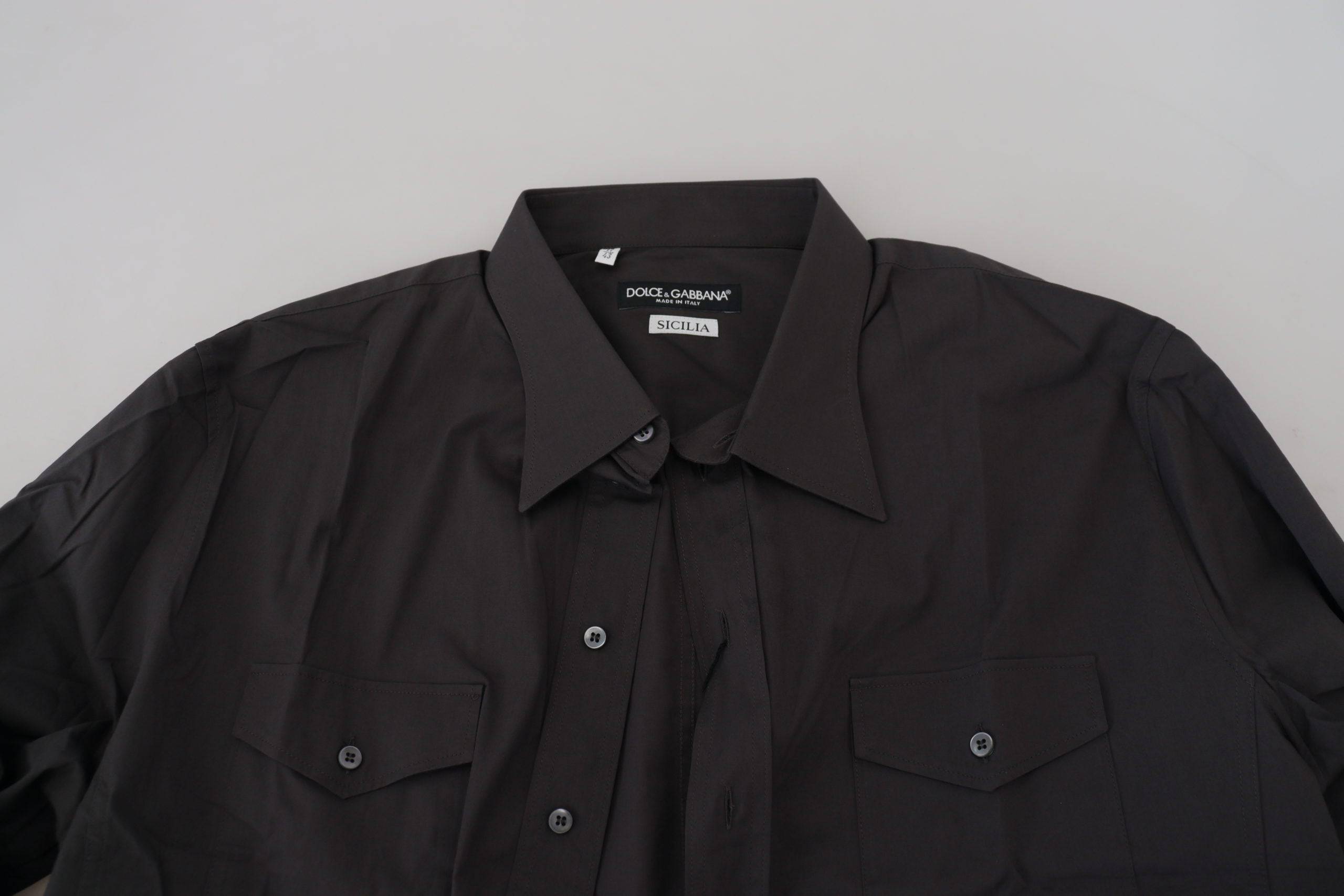 Chemise slim fit en stretch gris Dolce & Gabbana Sicilia, vue détaillée du tissu et du col.
