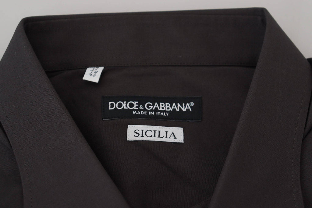 Chemise slim fit en stretch gris Dolce & Gabbana Sicilia, vue de face, avec col et boutons visibles.