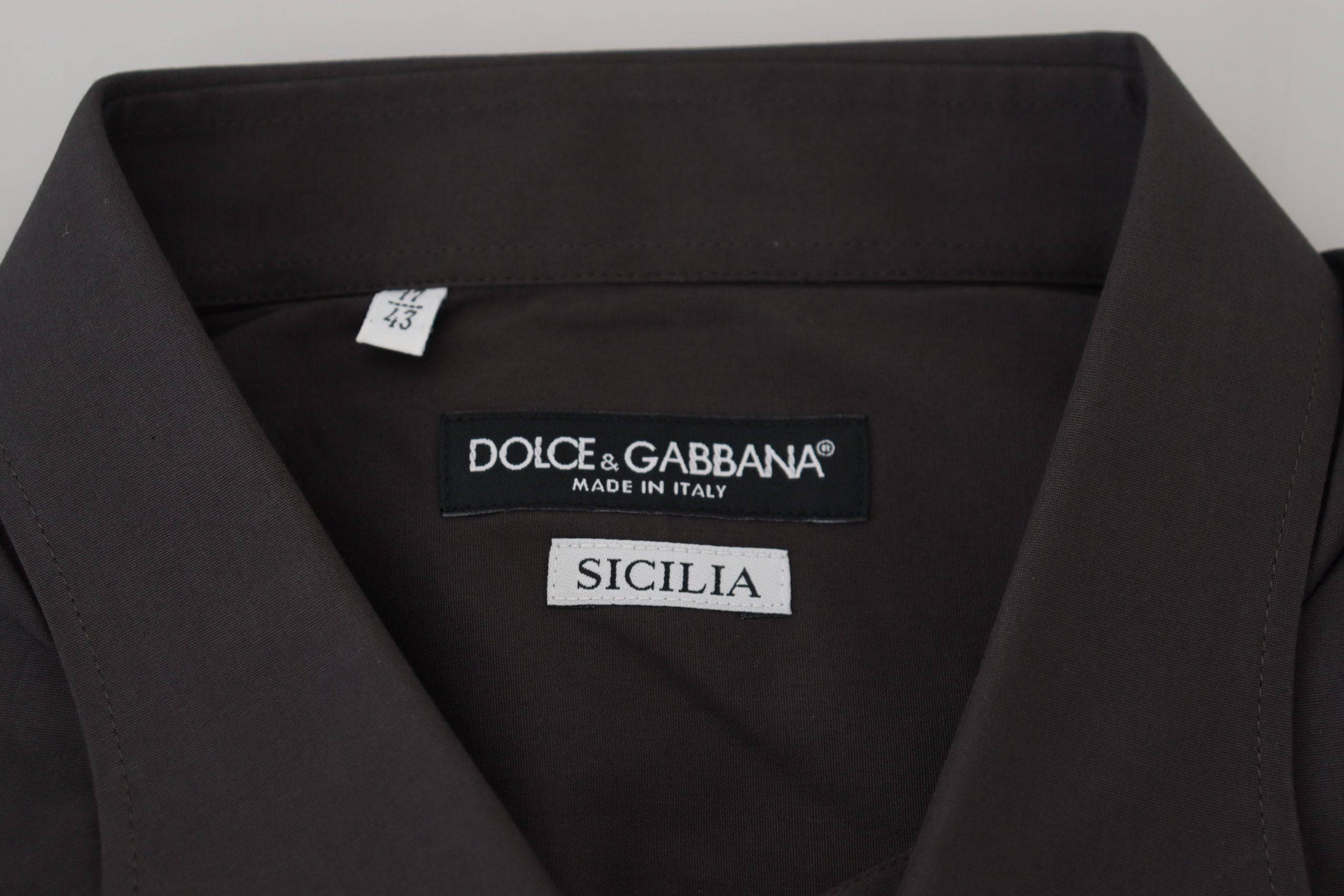 Chemise slim fit en stretch gris Dolce & Gabbana Sicilia, vue de face, avec col et boutons visibles.
