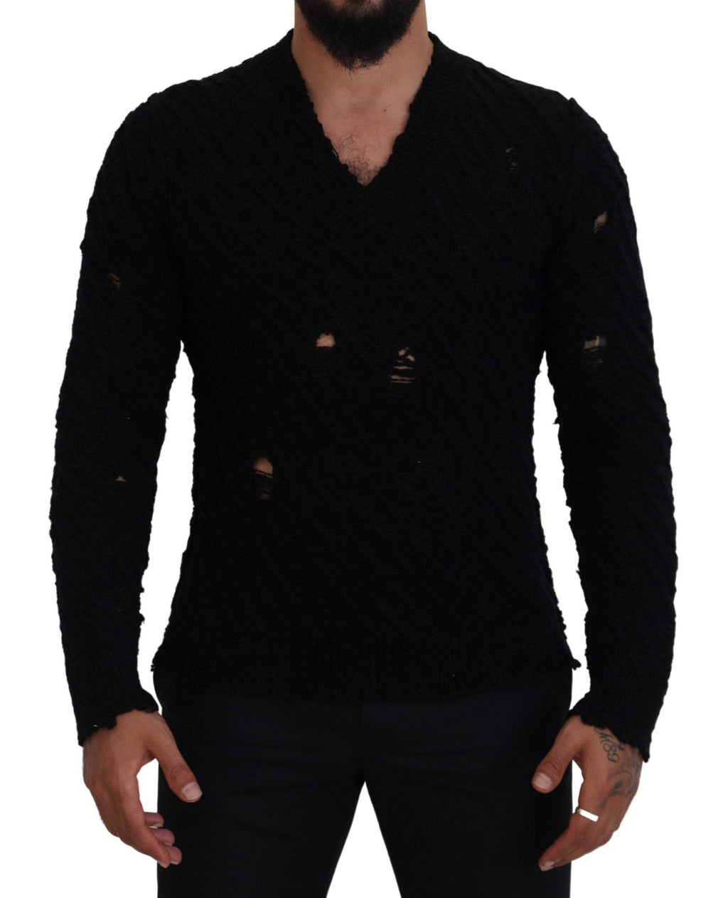 Pull en laine noir Dolce & Gabbana à col en V, pull-over tricoté élégant avec finition raffinée.