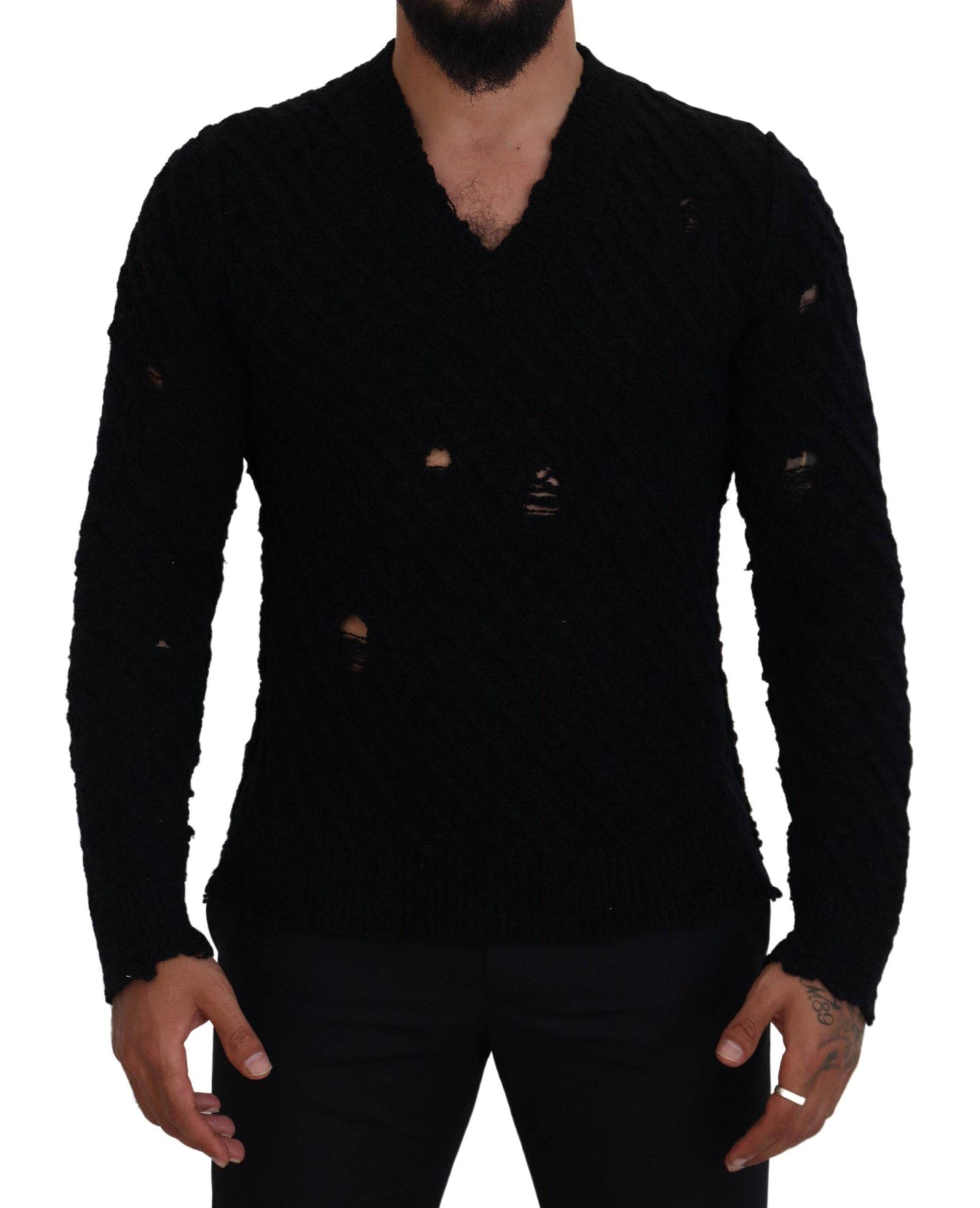 Pull en laine noir Dolce & Gabbana à col en V, pull-over tricoté élégant avec finition raffinée.