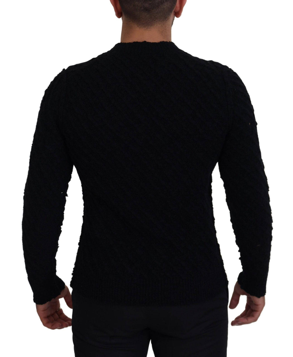 Pull en laine noir Dolce & Gabbana à col en V, pull-over tricoté, vue de face, détails du tissu et coupe élégante.