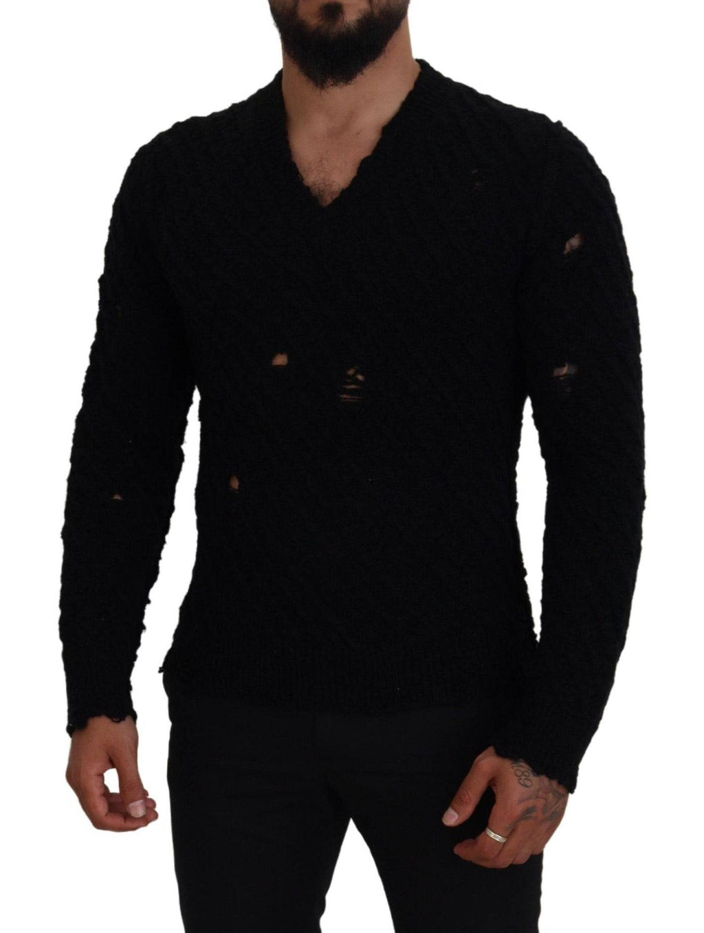 Pull à col en V en laine noire de Dolce & Gabbana, pull-over tricoté élégant pour homme.