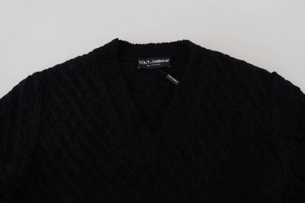 Pull noir en laine à col en V de Dolce & Gabbana, pull-over tricoté pour homme, élégance et confort.