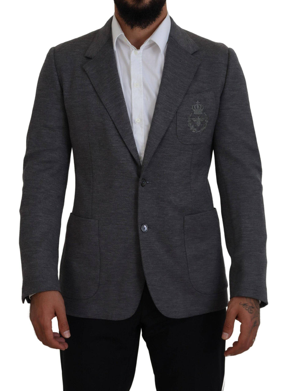 Veste blazer gris en laine stretch Dolce & Gabbana, coupe slim fit, élégante et ajustée.
