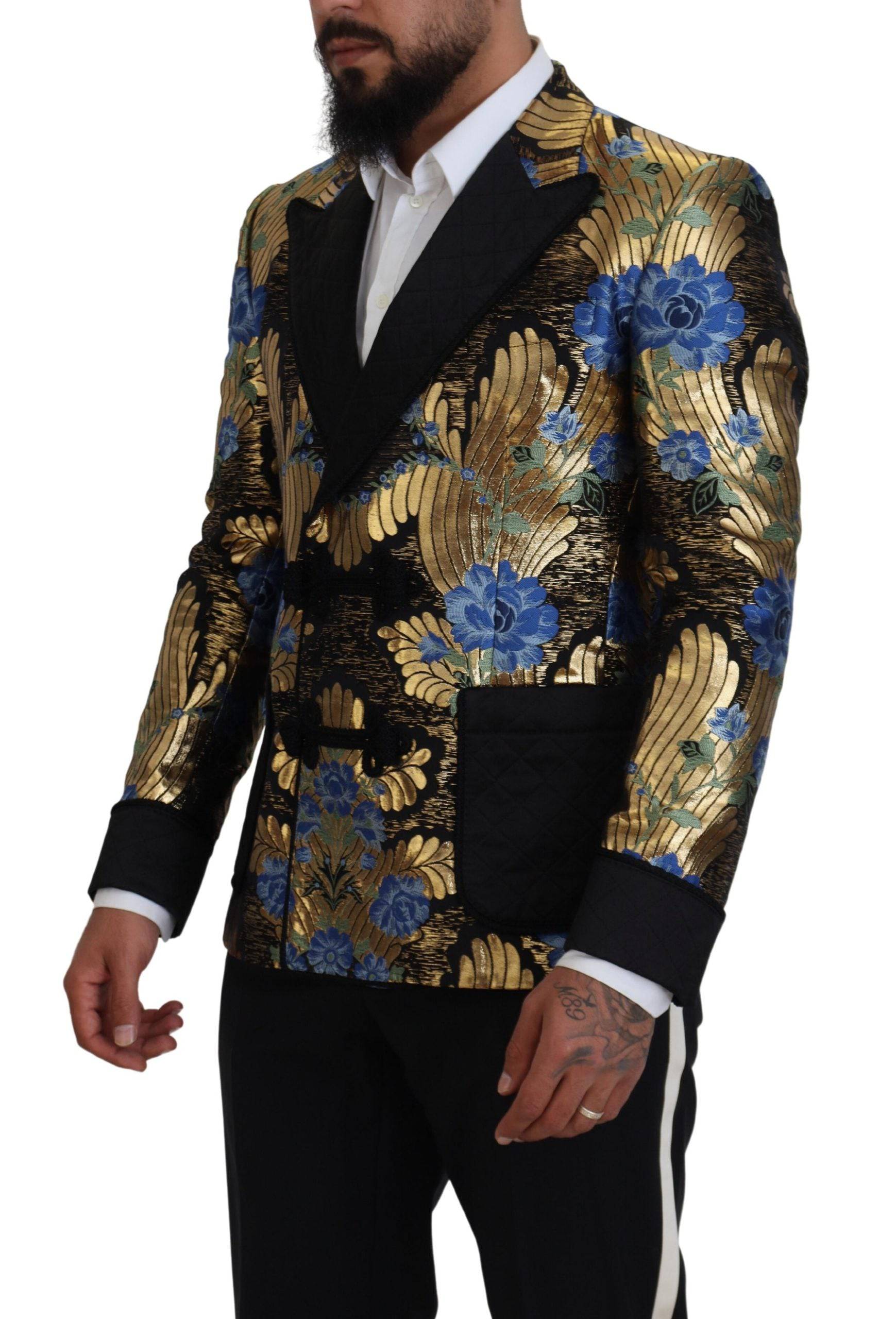 Veste blazer Dolce & Gabbana en lurex doré à double boutonnage, avec col cranté et coupe élégante.