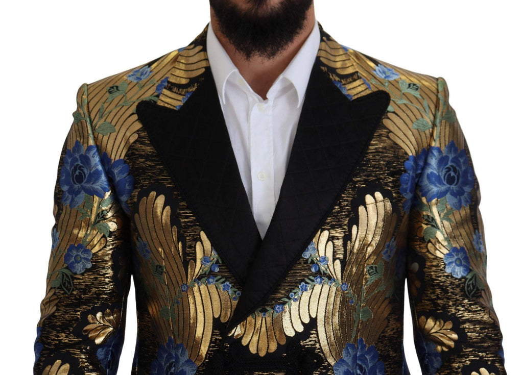 Veste blazer à double boutonnage Dolce & Gabbana en lurex doré, style élégant et brillant, visible en gros plan.