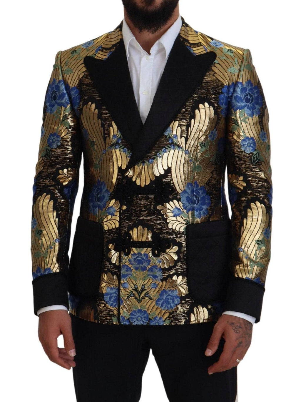 Blazer Dolce & Gabbana en lurex doré à double boutonnage, veste élégante avec col et poches visibles.