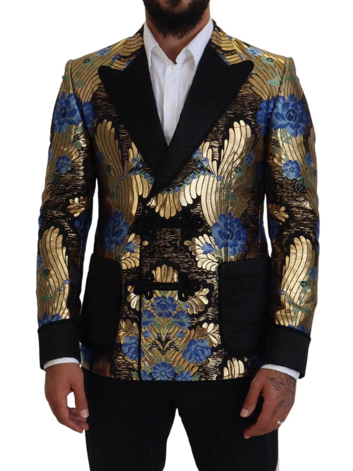 Blazer Dolce & Gabbana en lurex doré à double boutonnage, veste élégante avec col et poches visibles.