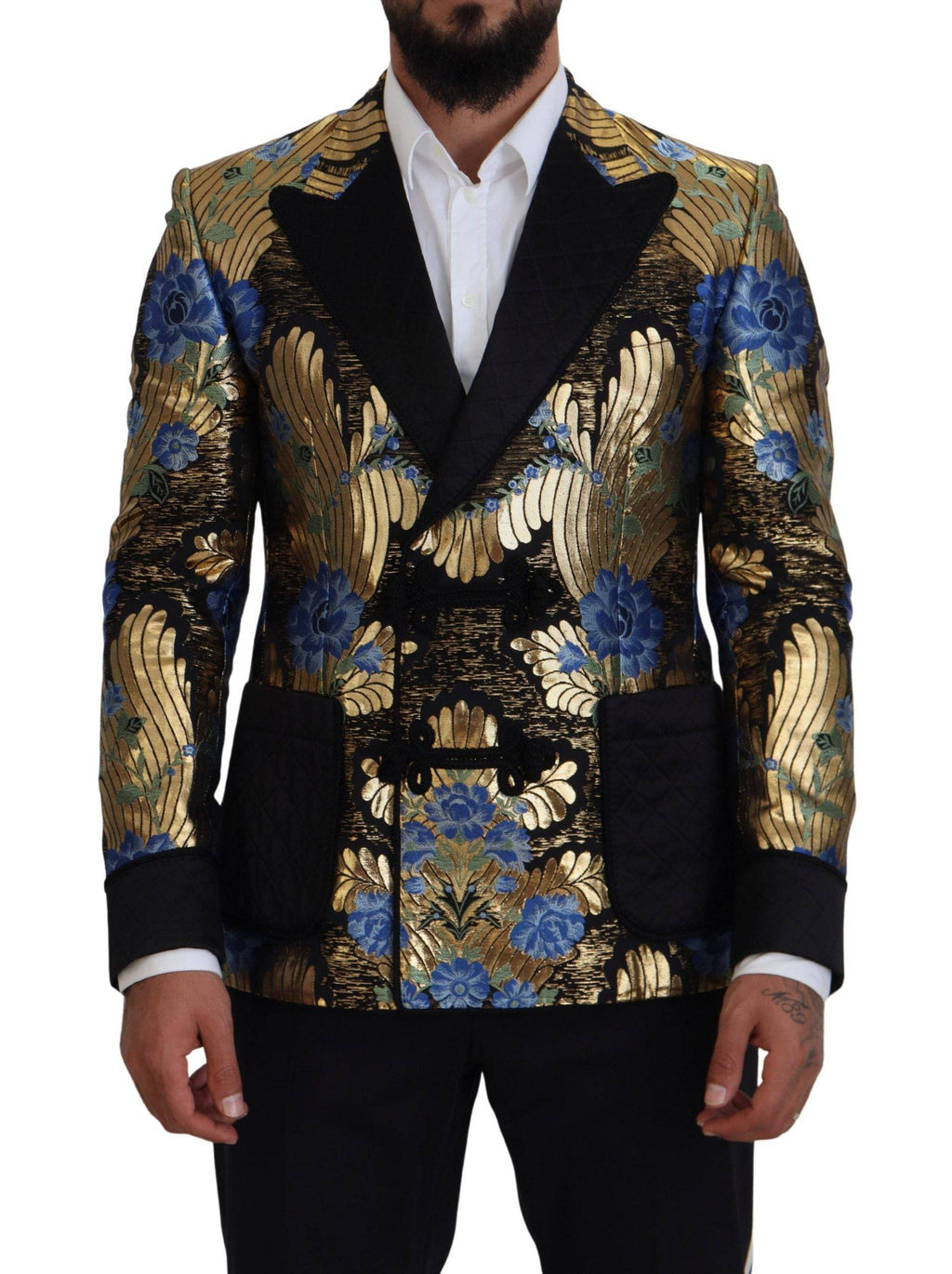 Veste blazer Dolce & Gabbana en lurex doré à double boutonnage, élégante et brillante, vue de face.