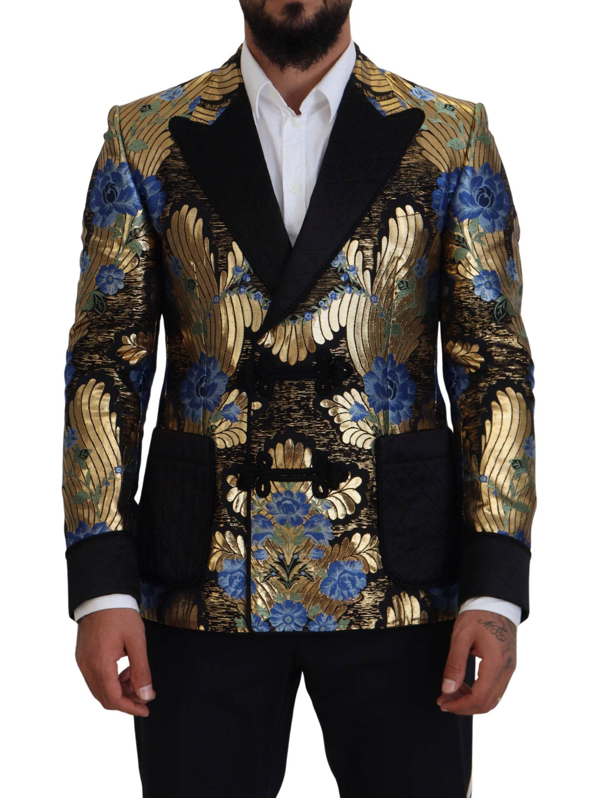 Veste blazer Dolce & Gabbana en lurex doré à double boutonnage, élégante et brillante, vue de face.