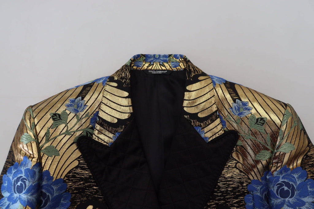 Veste blazer Dolce & Gabbana en lurex doré à double boutonnage, style élégant et sophistiqué, visible en gros plan.