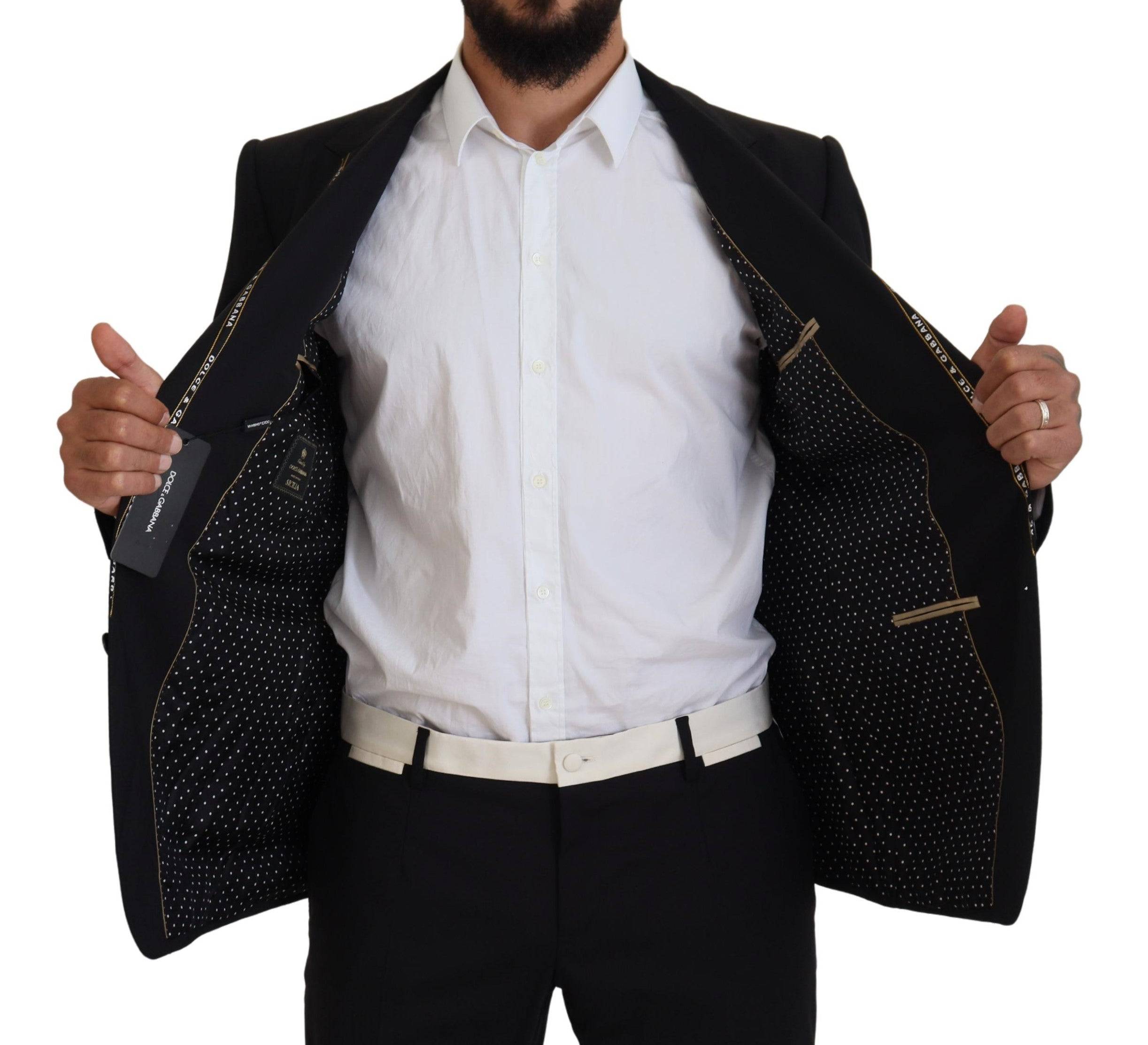 Veste blazer noire en laine extensible Dolce & Gabbana, coupe slim ajustée, pour homme, détails élégants et finition soignée.