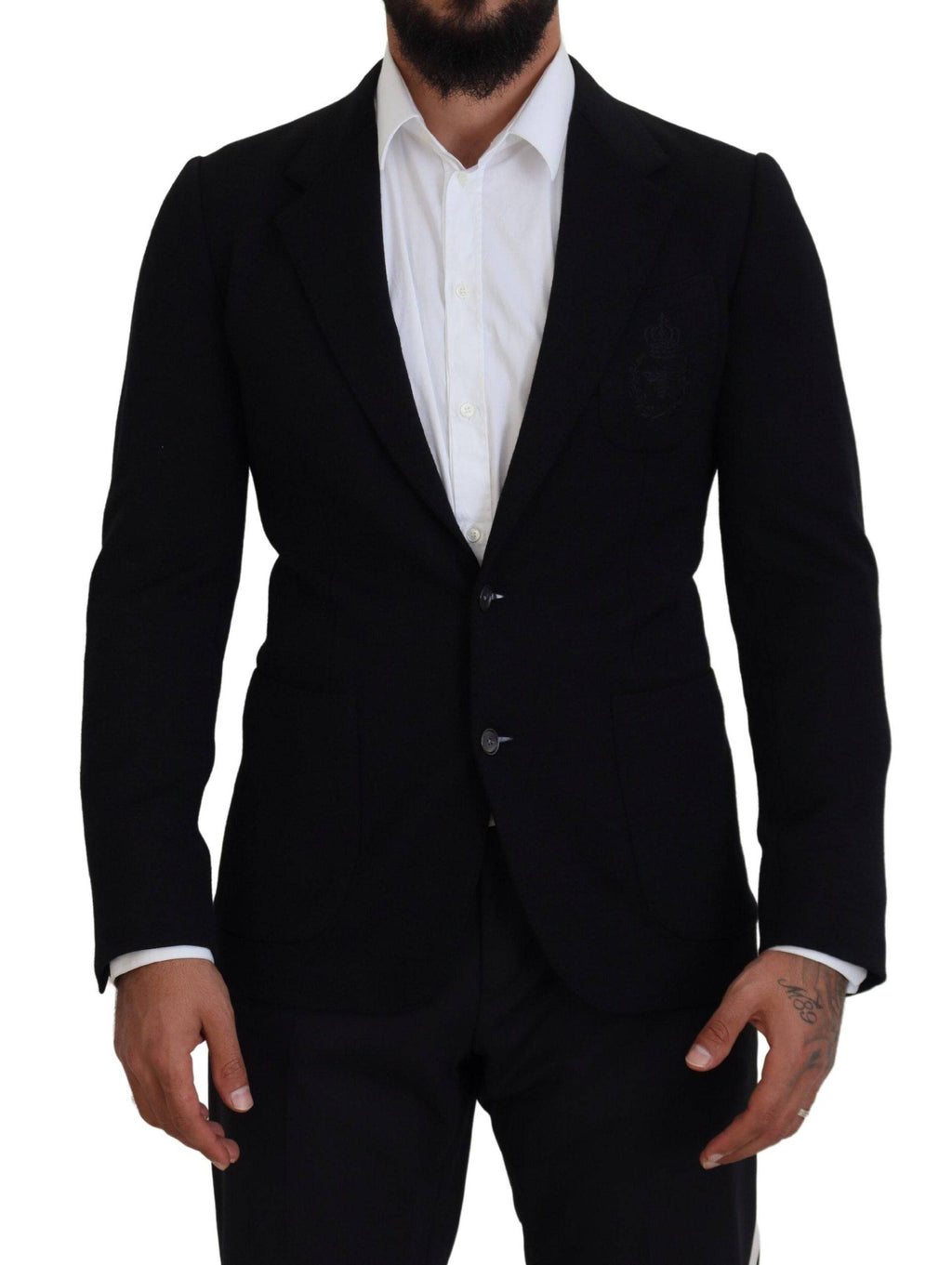 Veste blazer noire en laine Dolce & Gabbana, coupe slim, avec col en forme de couronne, détails élégants et ajustés.