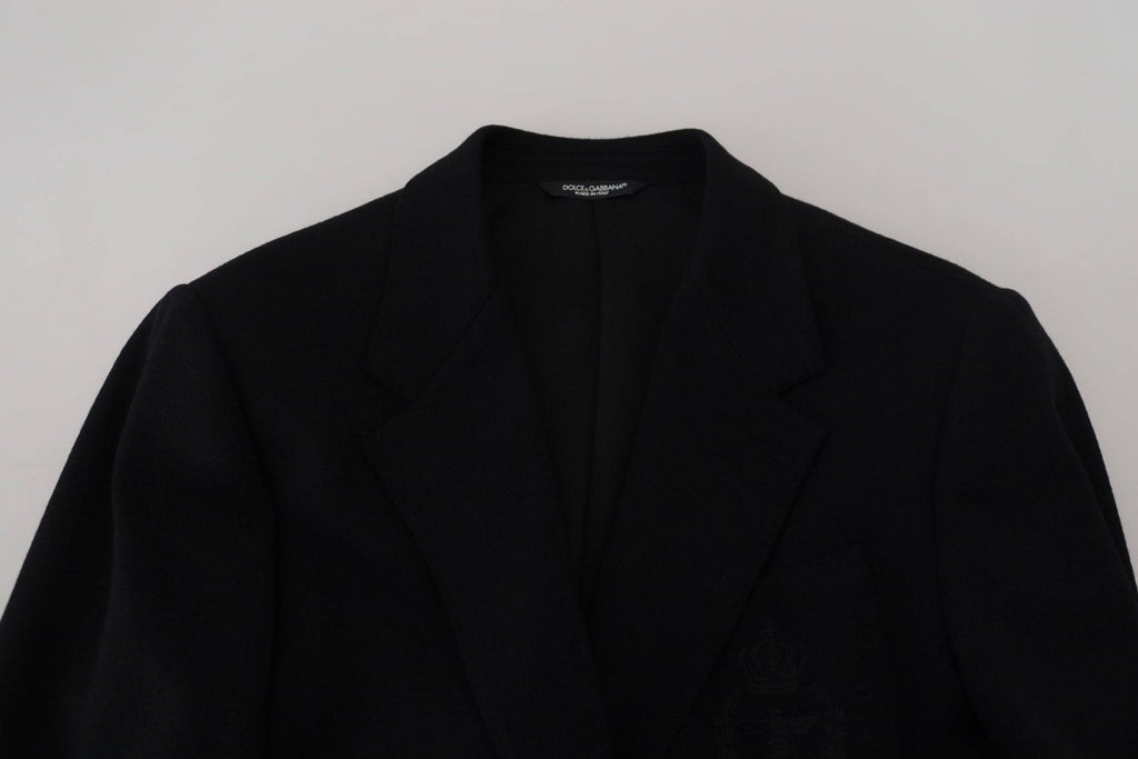Veste blazer noire en laine Dolce & Gabbana, coupe slim, avec col en forme de couronne, élégante et moderne.
