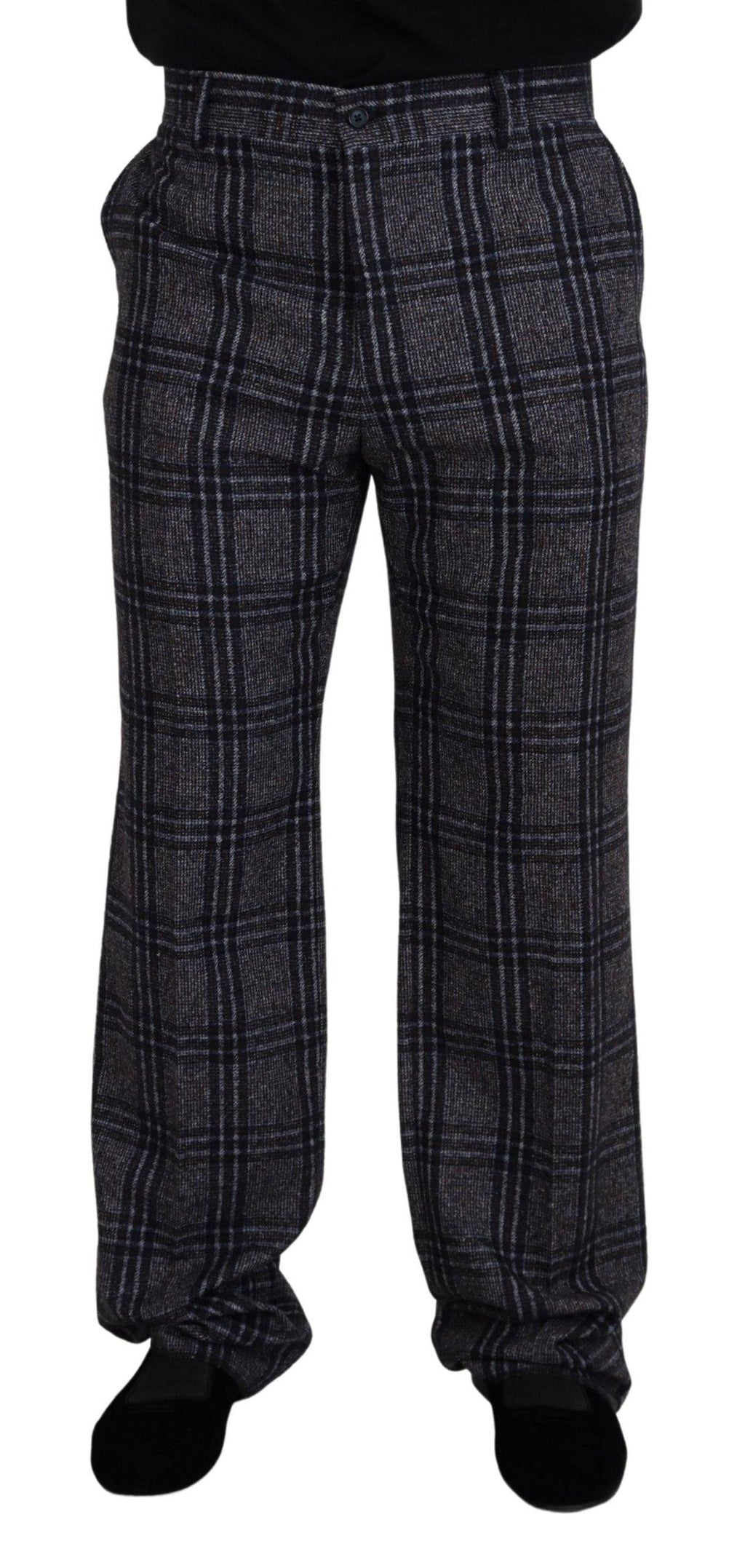 Pantalon pour homme à carreaux gris Dolce & Gabbana, taille mi-haute, en tissu élégant, visible en gros plan.