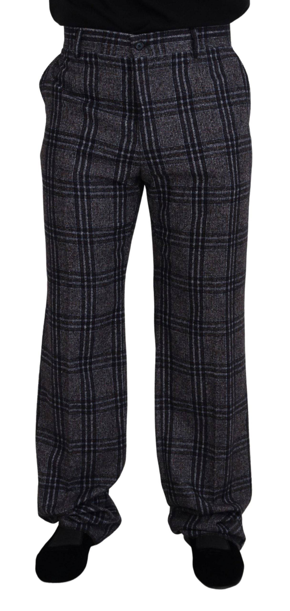 Pantalon pour homme à carreaux gris Dolce & Gabbana, taille mi-haute, en tissu élégant, visible en gros plan.