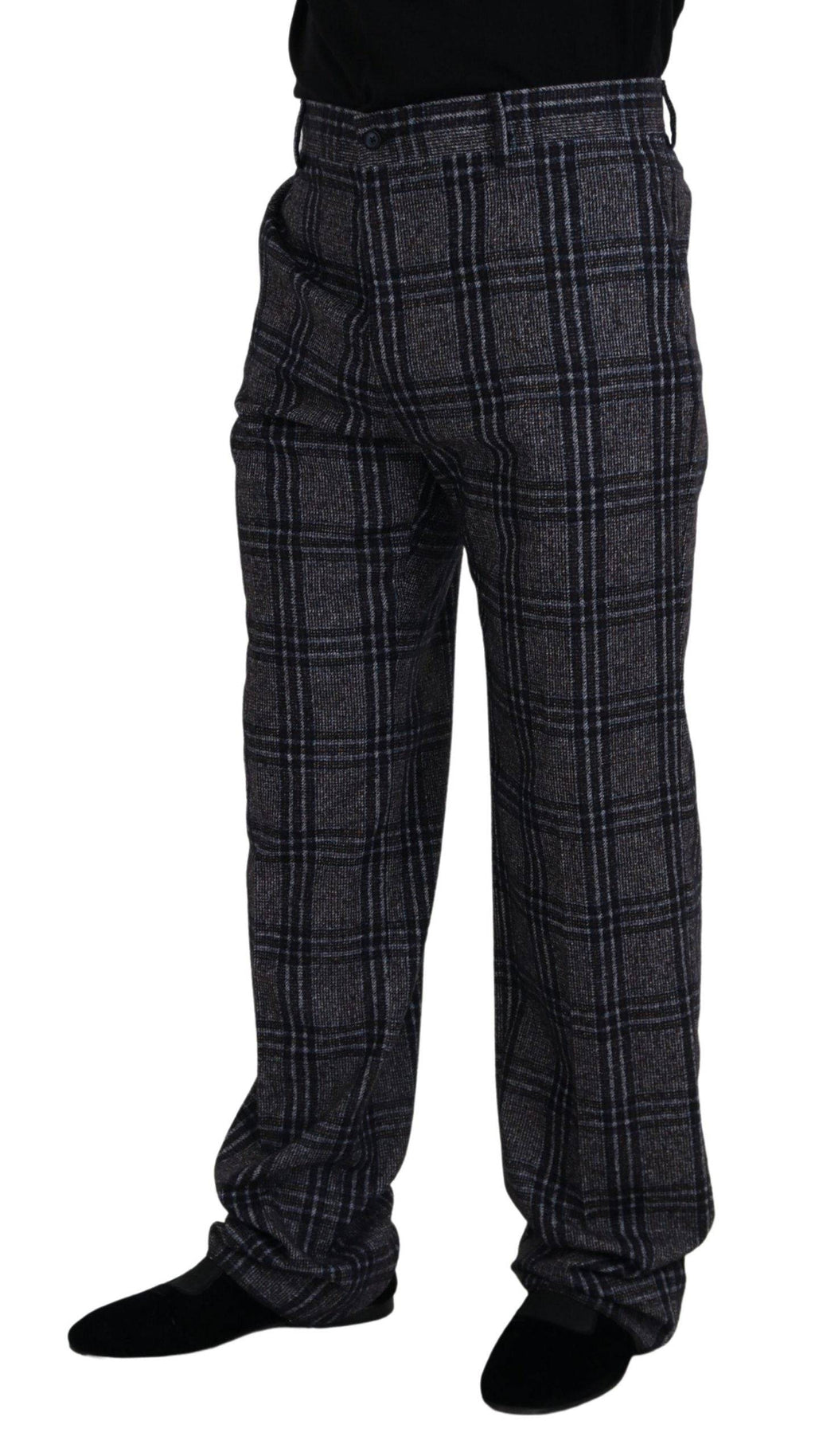 Pantalon homme Dolce & Gabbana à carreaux gris, taille moyenne, style élégant et moderne, vue frontale.